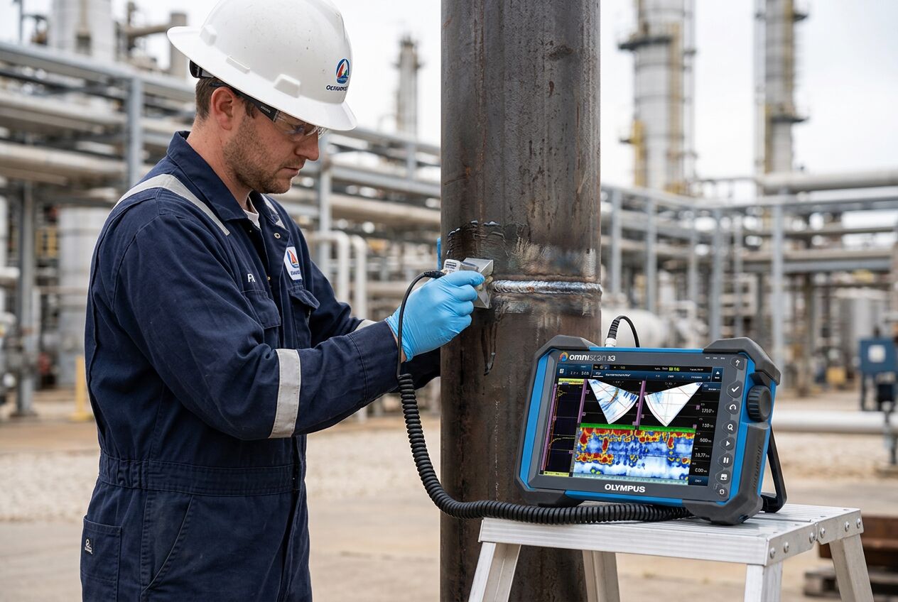 AIT technician performing phased array ultrasonic testing on a refinery pipe weld